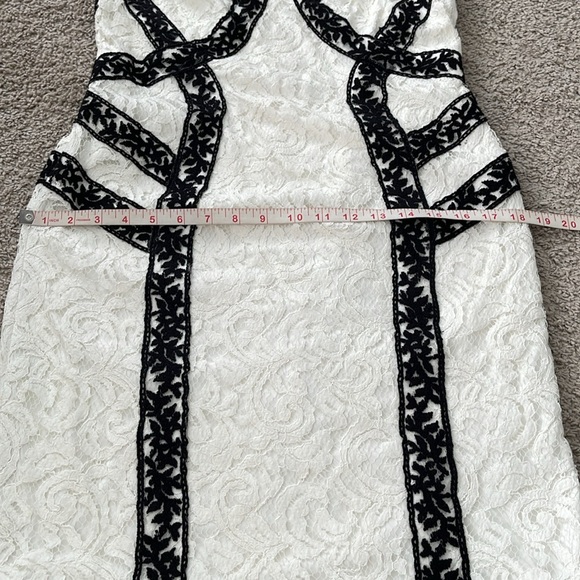 Tadashi Shoji Banded Contrast Color Block Black Ivory Lace Cocktail Dress - Picture 13 of 13